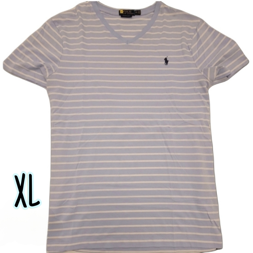 Polo Ralph Lauren Men's Blue & White Striped, V-Neck Short Sleeve Shirt, size XL